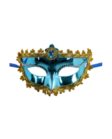 Himmelblaue Maske mit Schmuckstein auf Pappkarton
