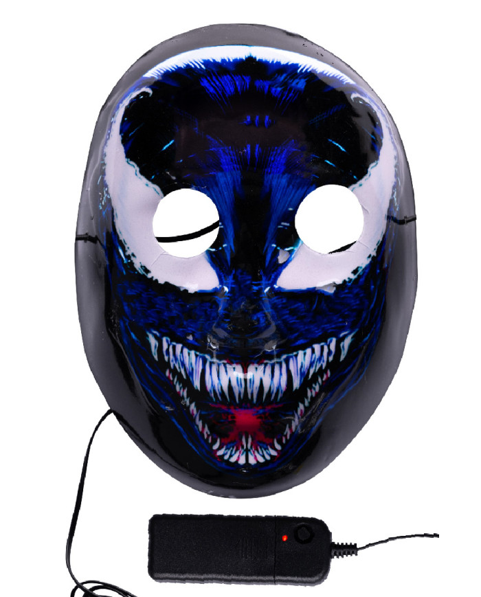 Máscara terror azul con adornos luminosos (pilas no incluidas) en bolsa con solapa de cartón