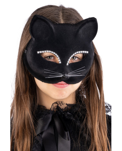 Katzenmaske aus Plastik und leichtem Samt mit Strass auf Pappkarton