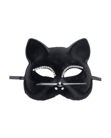 Katzenmaske aus Plastik und leichtem Samt mit Strass auf Pappkarton