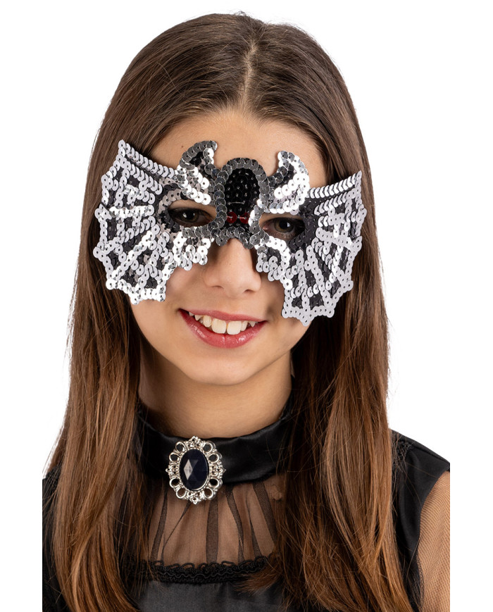 Maschera ragno in tessuto con paillettes su cartoncino