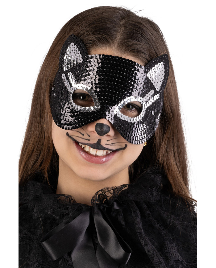 Maschera gatto in tessuto con paillettes su cartoncino