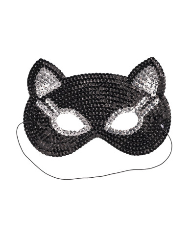 Masque chat en tissu pailleté, avec étiquette cartonnée pliée