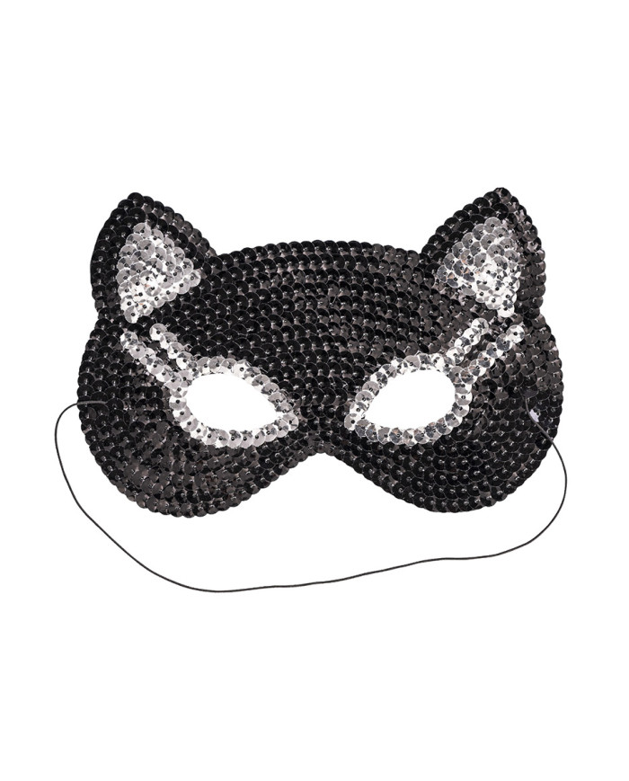 Masque chat en tissu pailleté, avec étiquette cartonnée pliée
