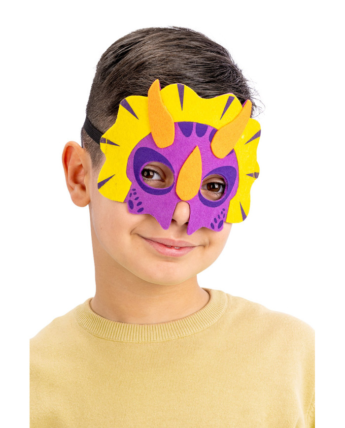 Máscara dragón violeta y amarillo para niño de fieltro con solapa de cartón