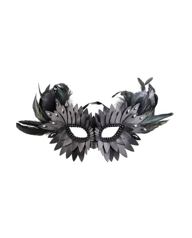 Masque noir en éco-cuir, avec plumes et strass, sur papier cartonné Masque noir en éco-cuir, avec plumes et strass, sur papier cartonné