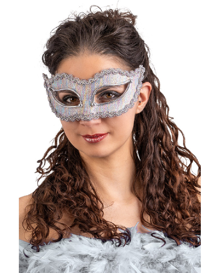 Masque argenté en tissu avec décorations, sur papier cartonné
