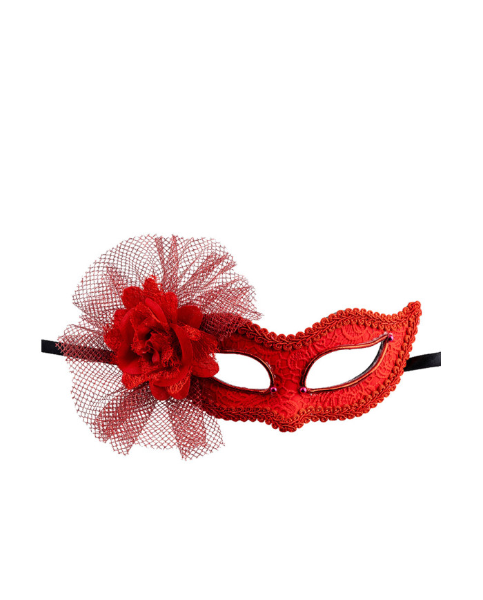 Red mask with strass, veil and flowers on card