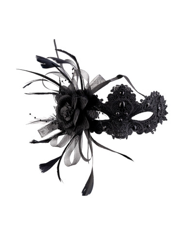 Maschera nera in pizzo con strass, fiore, tulle e piume su cartoncino