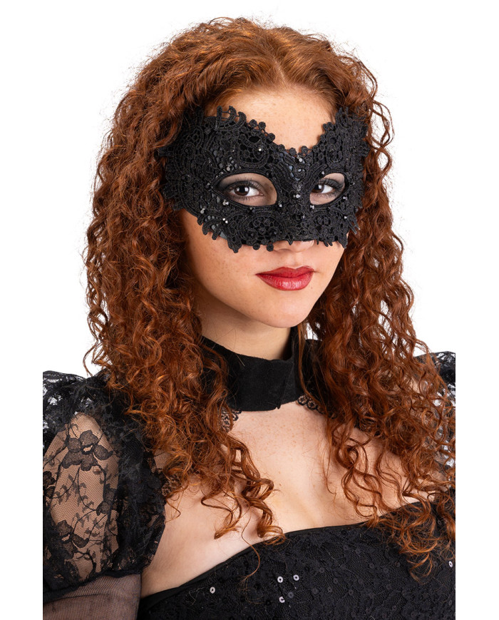 Masque noir dur en dentelle avec strass, sur papier cartonné