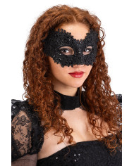 Maschera nera rigida in pizzo con strass su cartoncino