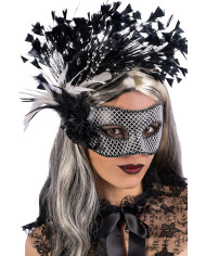Black/silver mask with decorations and feathers on card