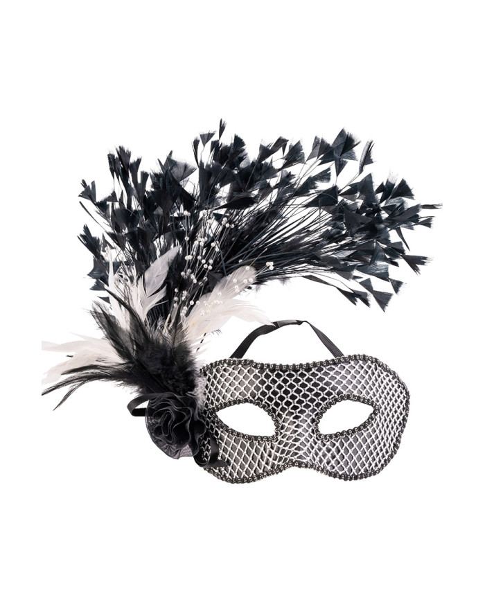 Maschera preziosa nera/argento con decorazioni e piume su cartoncino
