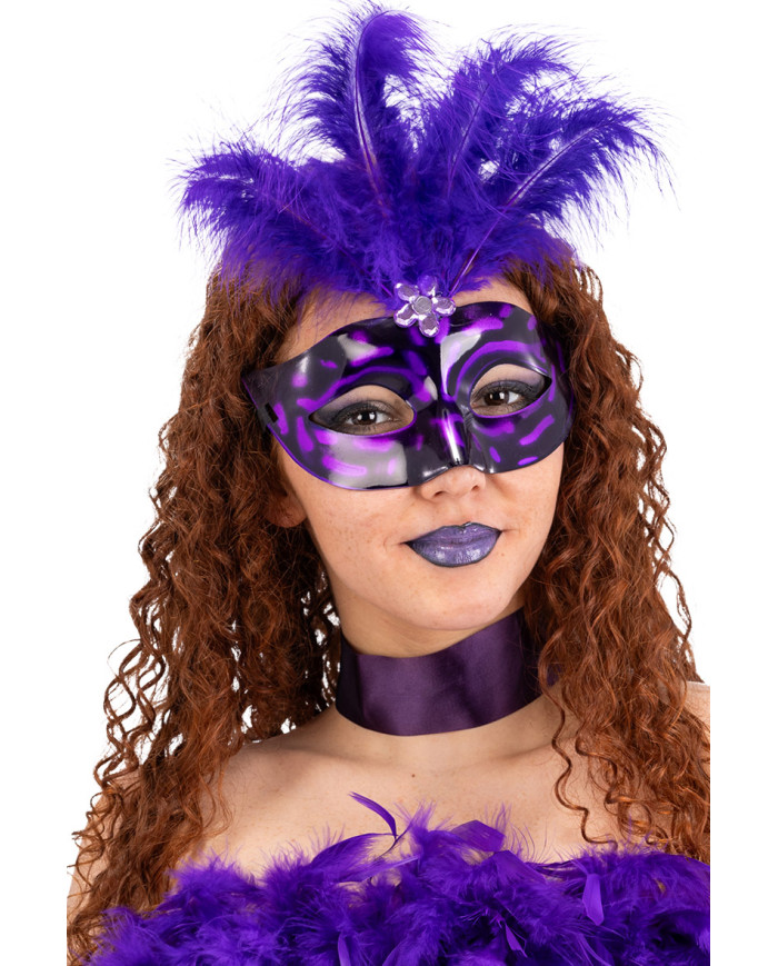 Masque en plastique avec plumes violettes, sur papier cartonné