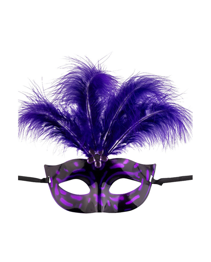 Maschera in plastica con piume viola su cartoncino
