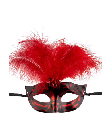 Masque en plastique avec plumes rouges, sur papier cartonné