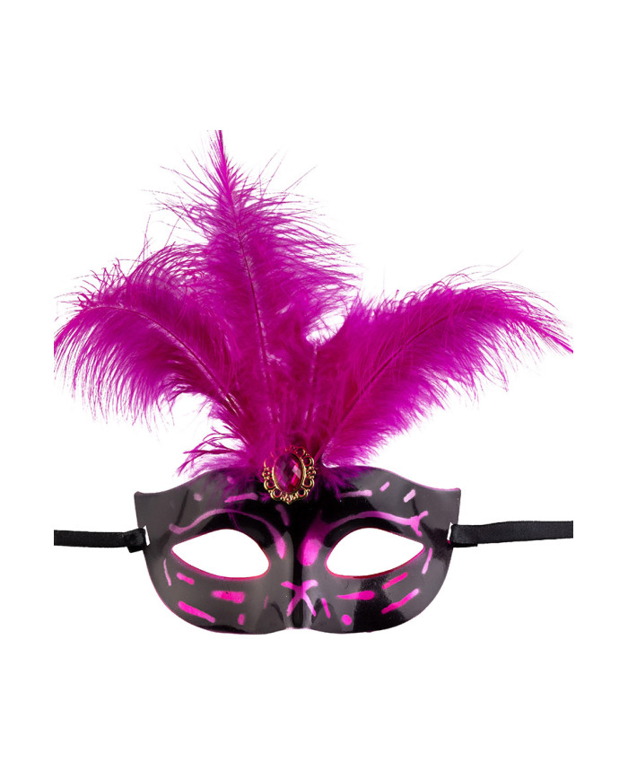 Maschera in plastica con piume fucsia su cartoncino