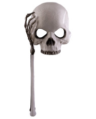 Masque tête de mort en plastique dur avec manche main squelette démontable, dans un sachet avec étiquette ferme-sachet