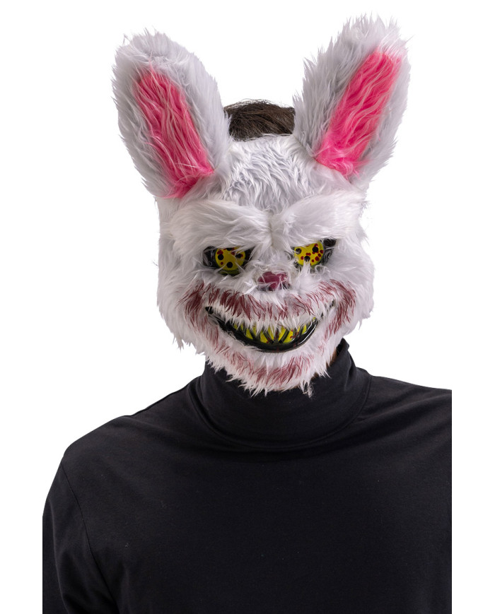 Masque lapin horreur en plastique dur, avec peluche, sur papier cartonné