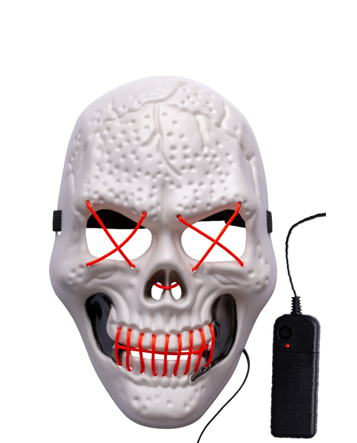 Totenkopfmaske aus Kunststoff mit Leuchtdekorationen (Batterien nicht enthalten) in Beutel mit Aufhänger