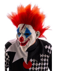 Clownsmaske aus Latex mit roten Haaren und Pappschild/Etikett