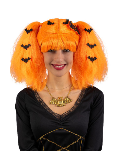 Perruque halloween avec couettes oranges et chauves-souris, dans un sachet Perruque halloween avec couettes oranges et chauves-souris, dans un sachet