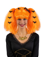 Perruque halloween avec couettes oranges et chauves-souris, dans un sachet Perruque halloween avec couettes oranges et chauves-souris, dans un sachet