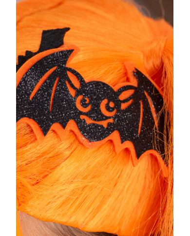 Perruque halloween avec couettes oranges et chauves-souris, dans un sachet Perruque halloween avec couettes oranges et chauves-souris, dans un sachet