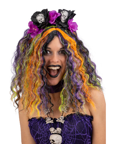 Perruque halloween multi-couleurs avec serre-tête, dans un sachet Perruque halloween multi-couleurs avec serre-tête, dans un sachet