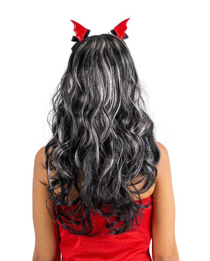 Perruque halloween avec épingles petites chauves-souris rouges, dans un sachet