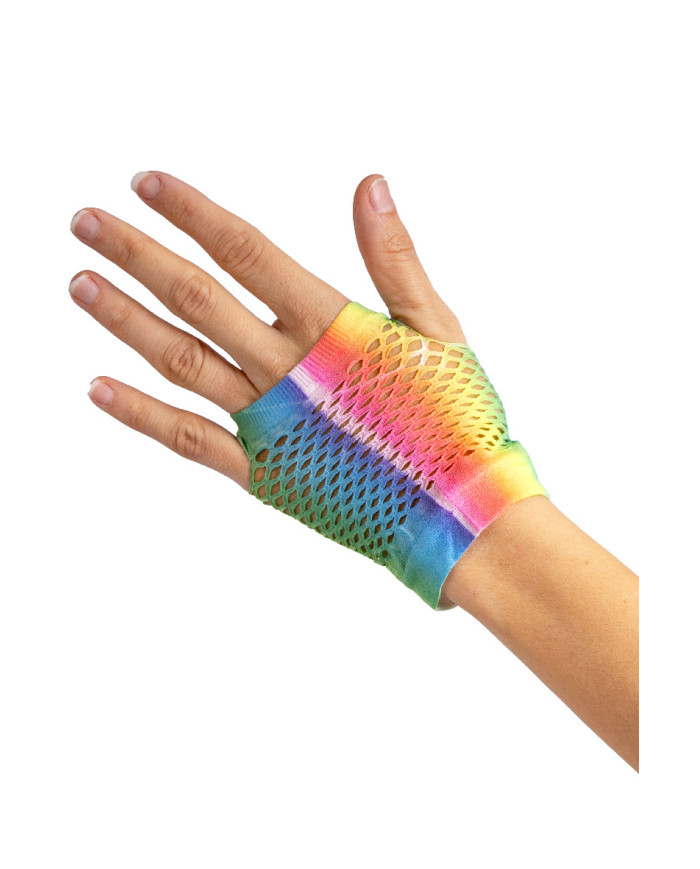 Gants courts arc-en-ciel en résille (mitaines), dans un sachet avec étiquette ferme-sachet