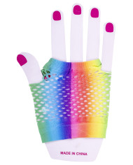 Gants courts arc-en-ciel en résille (mitaines), dans un sachet avec étiquette ferme-sachet