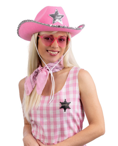 Ensemble déguisement shérif rose (chapeau, lunettes, bandana, badge), sur papier cartonné Ensemble déguisement shérif rose (chapeau, lunettes, bandana, badge), sur papier cartonné