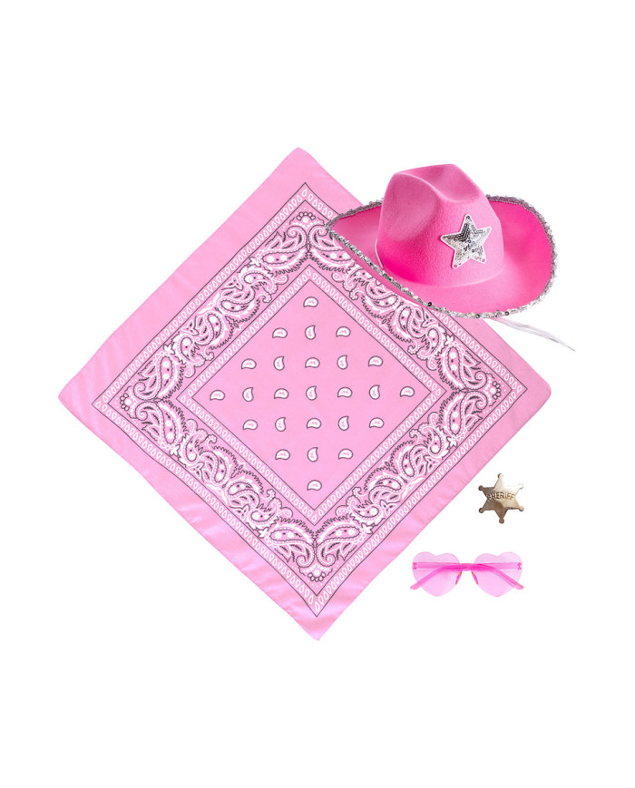 Set sceriffo rosa (cappello, occhiali, bandana, distintivo) su cartoncino