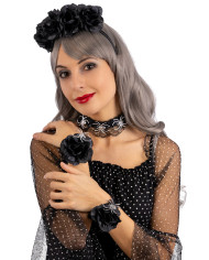 Schwarzes Halloween-Set (Haarreif, Hals- und Armband) auf Pappkarton