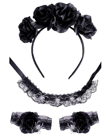 Conjunto Halloween negro (diadema, gargantilla y pulseras) sobre cartoncillo