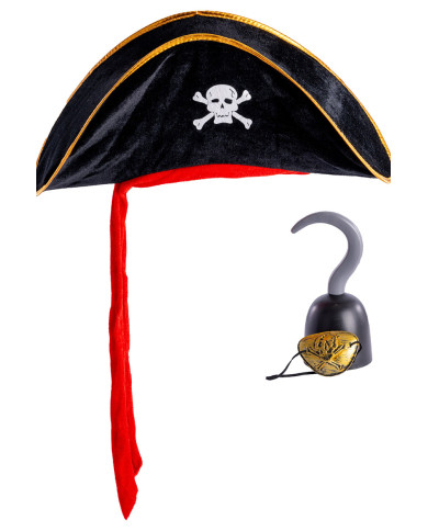 Ensemble déguisement pirate (chapeau, crochet, cache-œil), dans un sachet avec étiquette ferme-sachet
