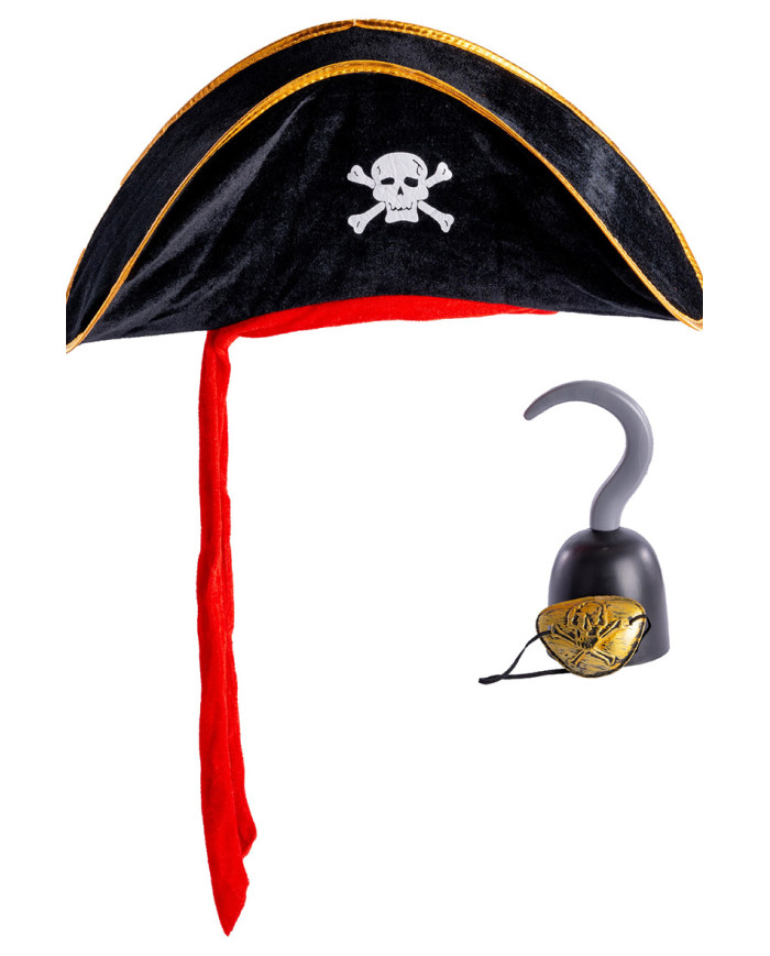 Ensemble déguisement pirate (chapeau, crochet, cache-œil), dans un sachet avec étiquette ferme-sachet