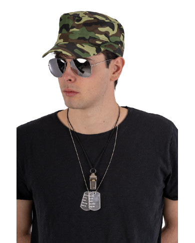 Ensemble déguisement militaire (chapeau, lunettes, collier), sur papier cartonné
