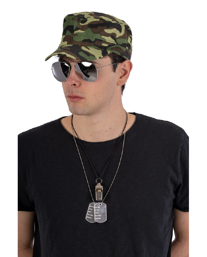 Military set (hat, glasses, necklace, whistle) on card