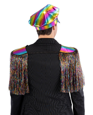 Ensemble déguisement disco police multi-couleurs (chapeau et épaulettes), sur papier cartonné
