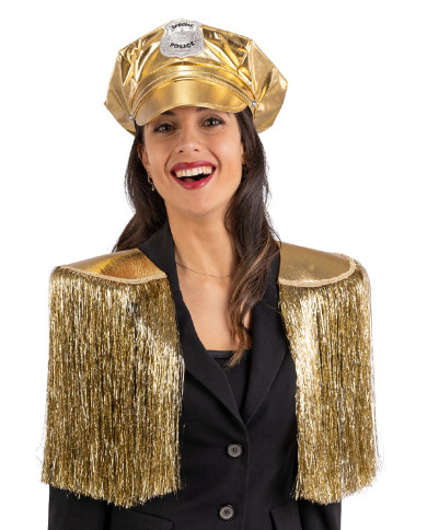 Goldfarbenes Disco-Police-Set (Hut und Schulterklappen) auf Pappkarton