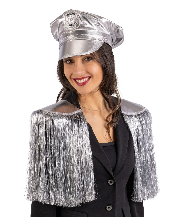 Silberfarbenes Disco-Police-Set (Hut und Schulterklappen) auf Pappkarton