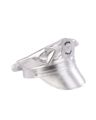 Ensemble déguisement disco police argenté (chapeau et épaulettes), sur papier cartonné