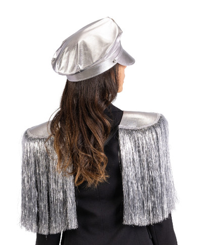 Ensemble déguisement disco police argenté (chapeau et épaulettes), sur papier cartonné