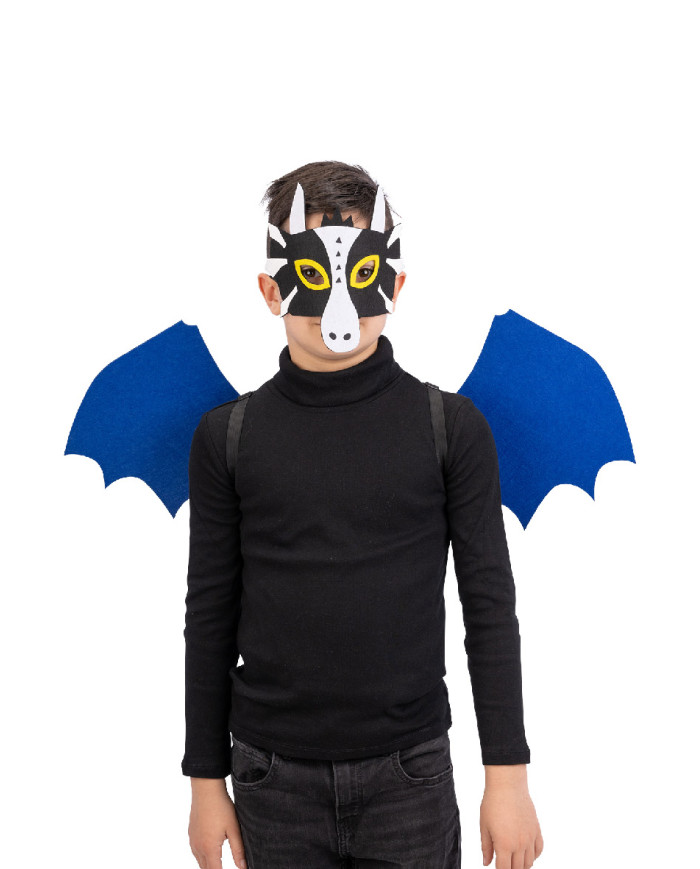 Set drago verde in feltro (maschera e ali h.cm.70x28 ca.) in busta con cavallotto