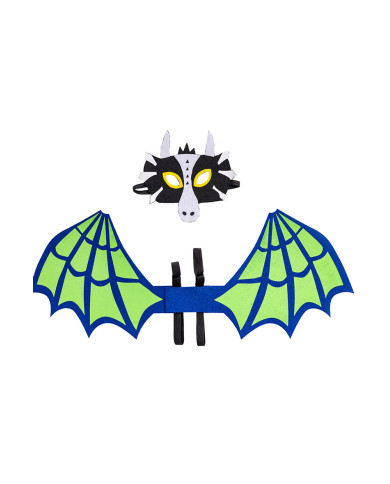 Ensemble déguisement dragon vert en feutre (masque et ailes h. 70x28 cm env.), dans un sachet avec étiquette ferme-sachet