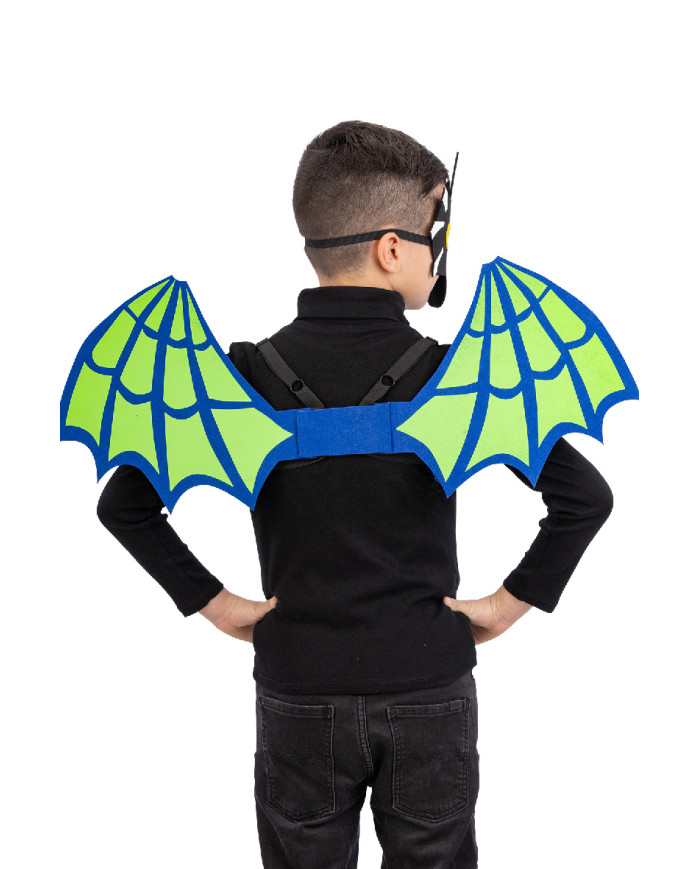 Conjunto dragón verde de fieltro (máscara y alas de 70 cm de alto x 28 aprox.) en bolsa con solapa de cartón