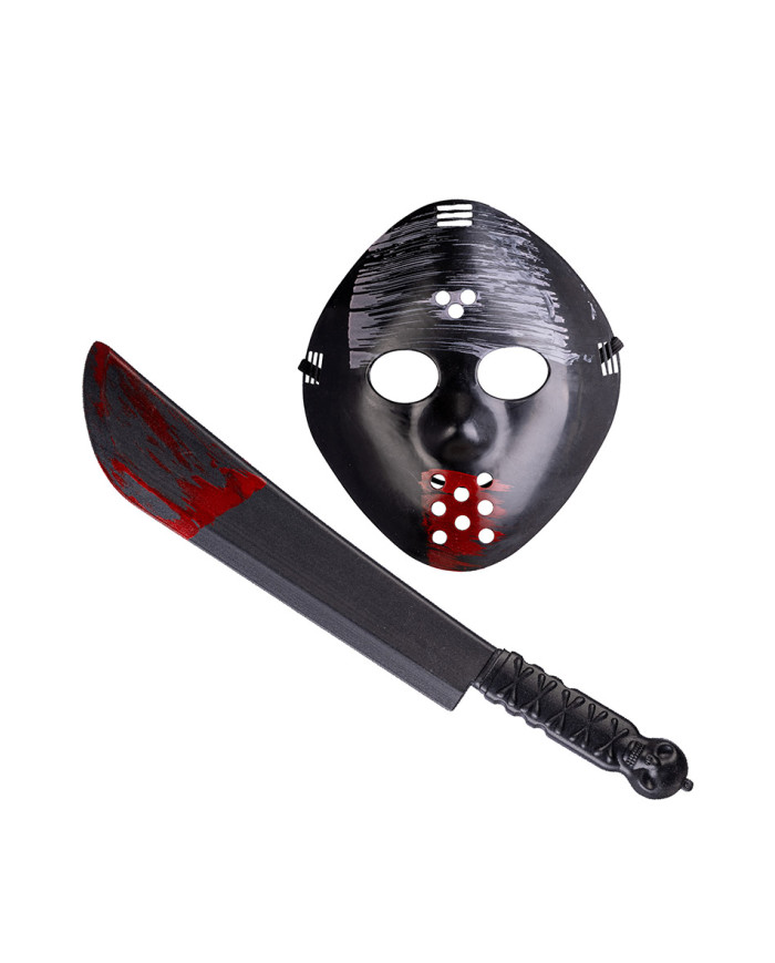 Horror mask with knife on card