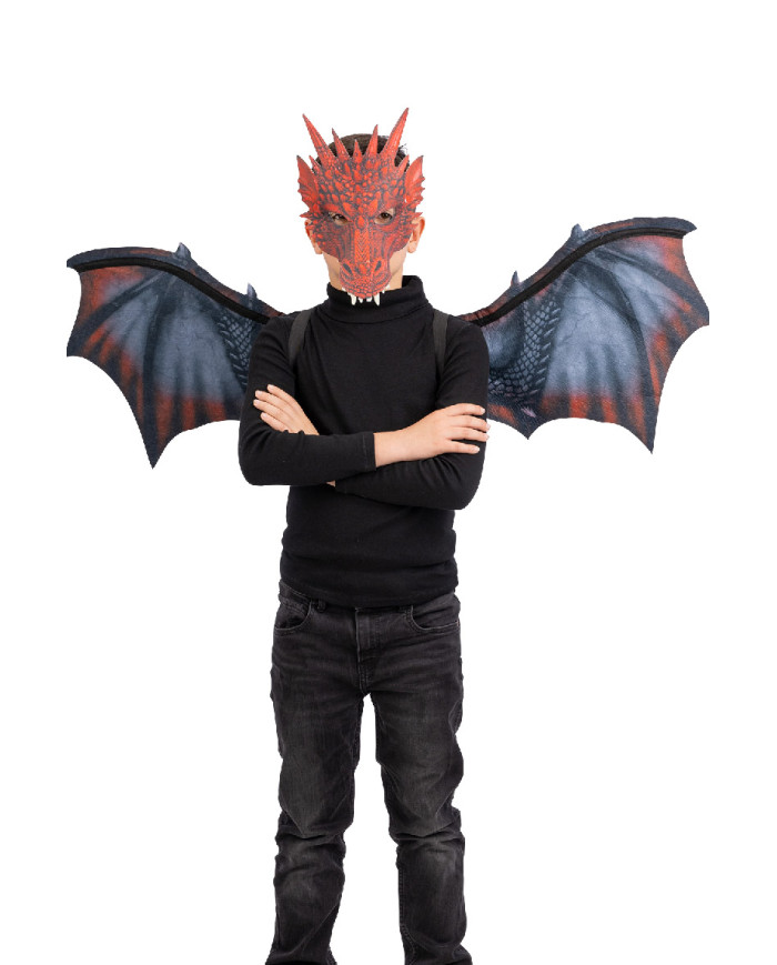Rotes Drachen-Set für Kinder aus Stoff (Flügel ca. 96 cm hoch x 60 cm und Maske) in Beutel mit Aufhänger